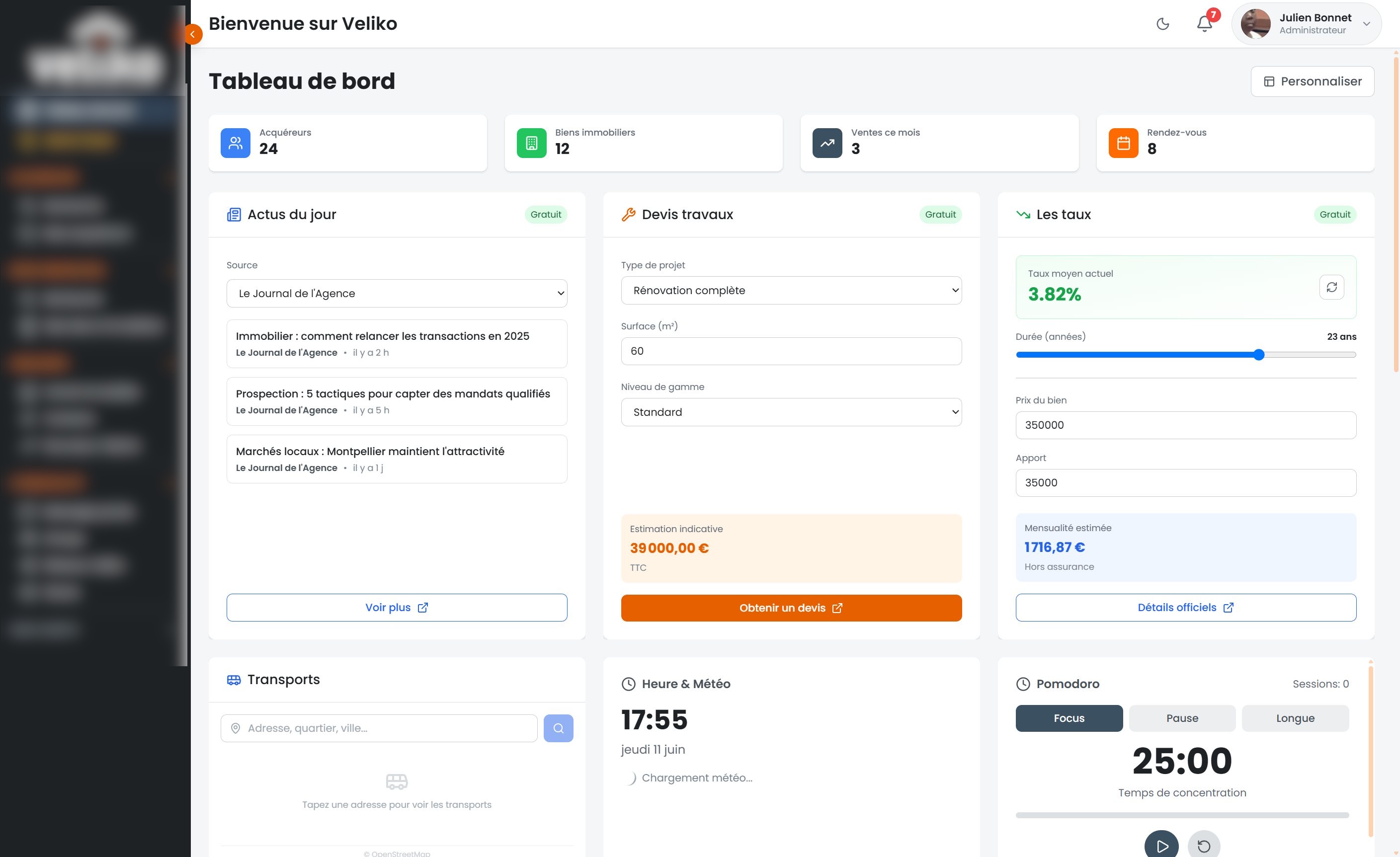 Tableau de bord de la plateforme Veliko